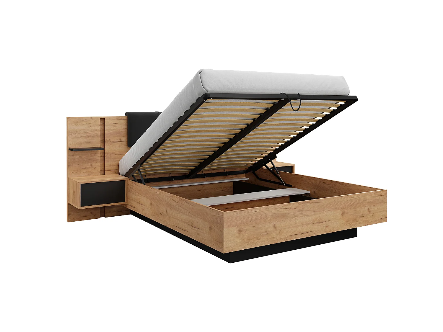 Bett mit Bettkasten mit Nachttischen + Matratze - 160 x 200 cm - Mit LED-Beleuchtung - Holzfarben & Anthrazit - ELYNIA