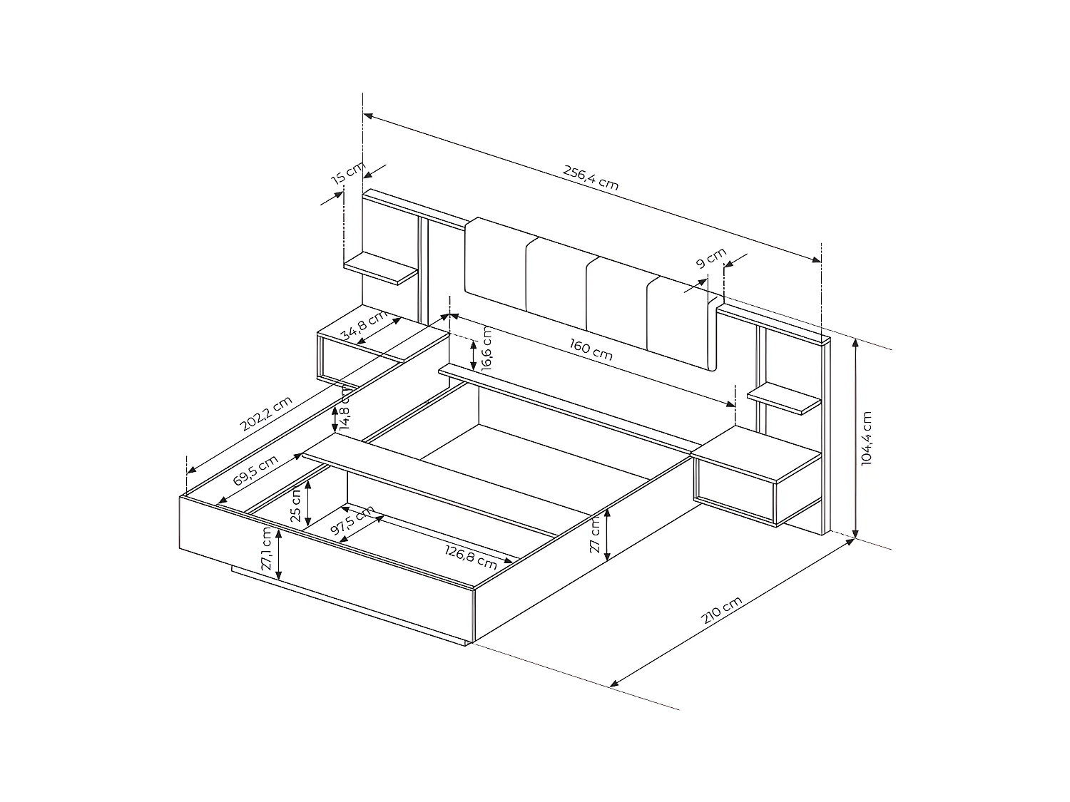 Bett mit Bettkasten mit Nachttischen + Matratze - 160 x 200 cm - Mit LED-Beleuchtung - Holzfarben & Anthrazit - ELYNIA