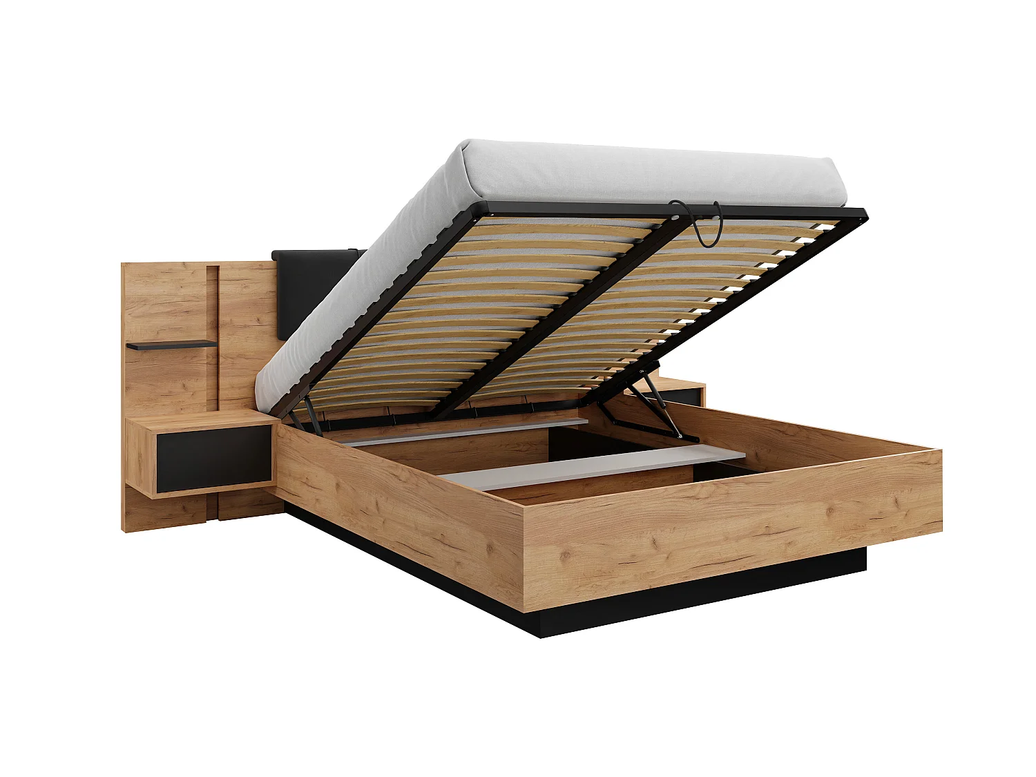 Bett mit Bettkasten mit Nachttischen + Matratze - 160 x 200 cm - Mit LED-Beleuchtung - Holzfarben & Anthrazit - ELYNIA