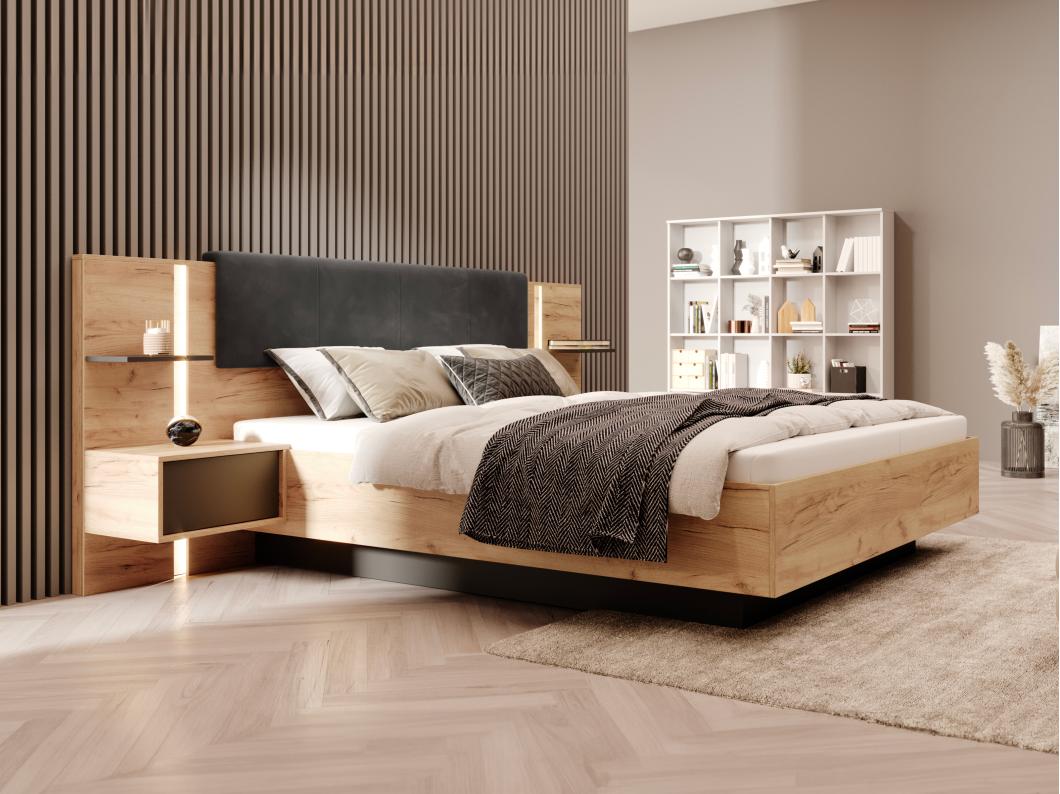 Letto con contenitore con comodini - con LED - + Materasso 160 x 200 cm - Naturale e Antracite - ELYNIA