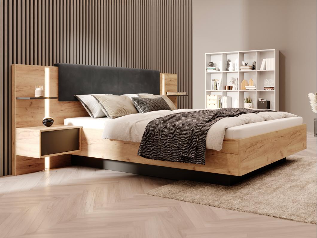 Letto con contenitore con comodini - con LED - + Materasso 160 x 200 cm - Naturale e Antracite - ELYNIA