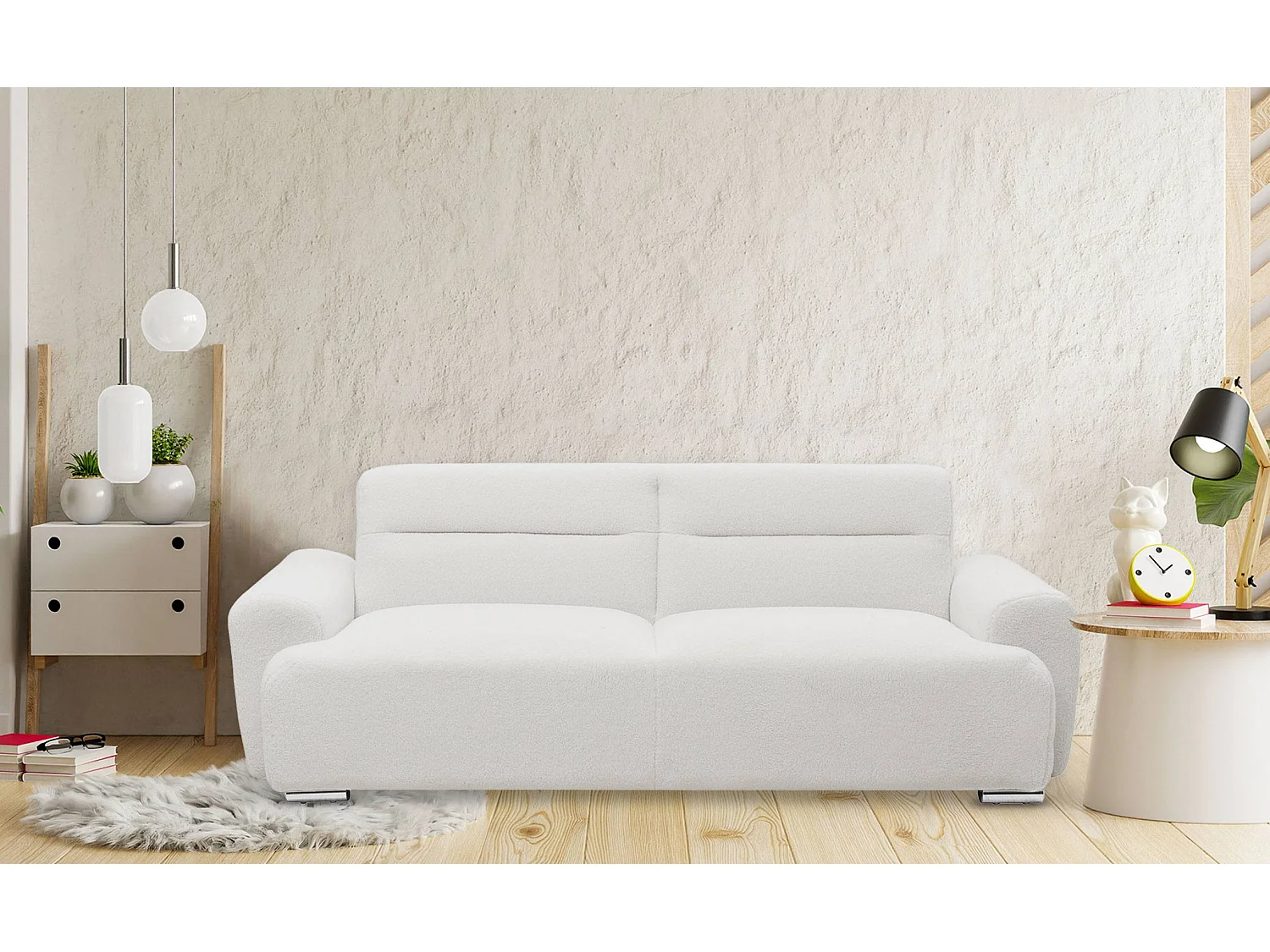 Canapé-lit clic-clac 3 places confort Lucille Tissu bouclette Crème