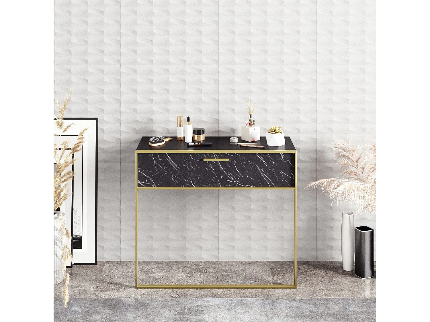 Consola Kailua 907, Mármol negro|Dorado|Negro, 77x90x39cm, Con cajones