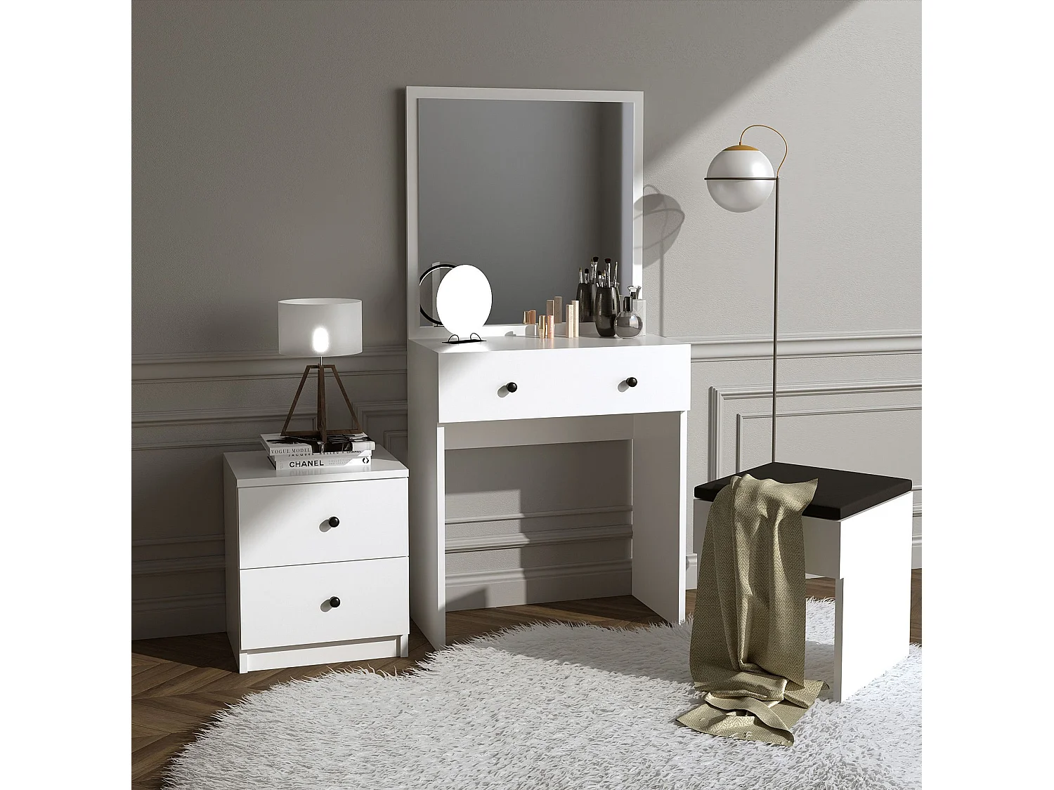 Ensemble coiffeuse, tabouret et table de chevet Katherine Blanc