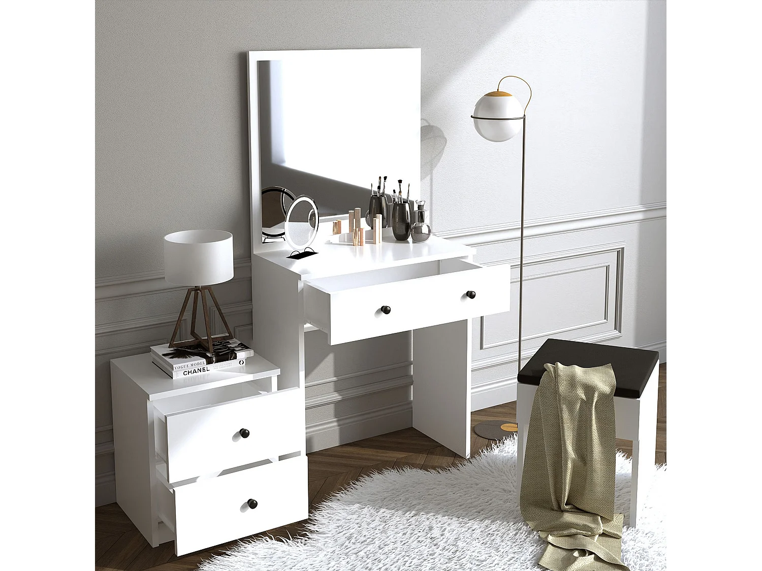 Ensemble coiffeuse, tabouret et table de chevet Katherine Blanc