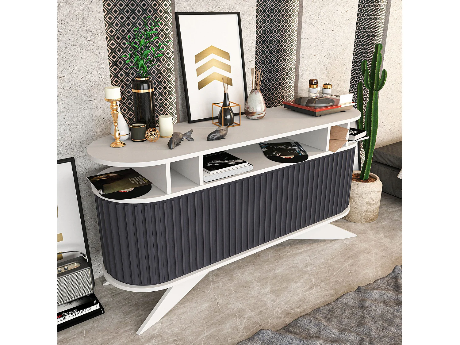 Console avec portes coulissantes Jayson L150xH75cm Blanc et Anthracite