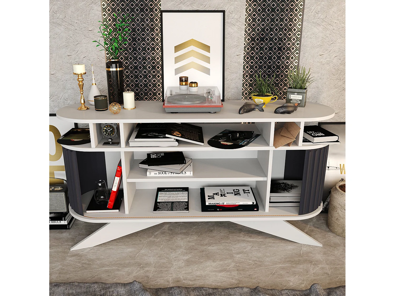Console avec portes coulissantes Jayson L150xH75cm Blanc et Anthracite