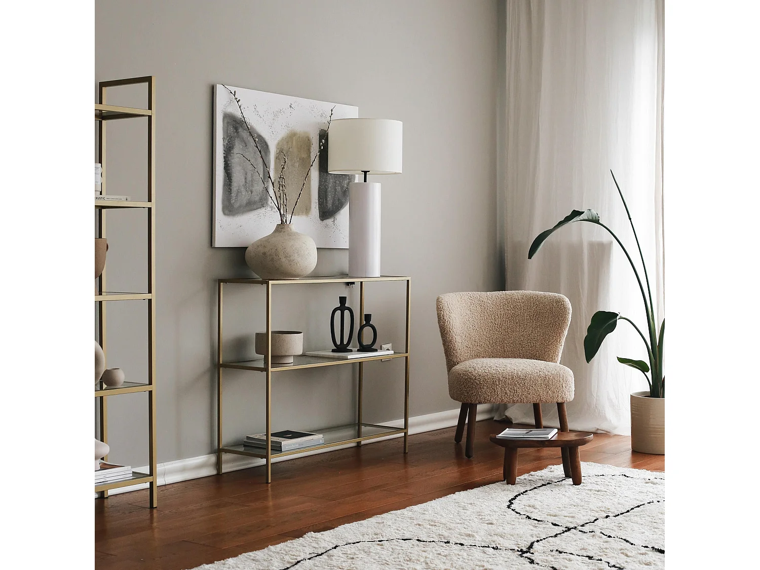 Table console 3 plateaux Vitrex 100cm Verre trempé Transparent et Métal Or