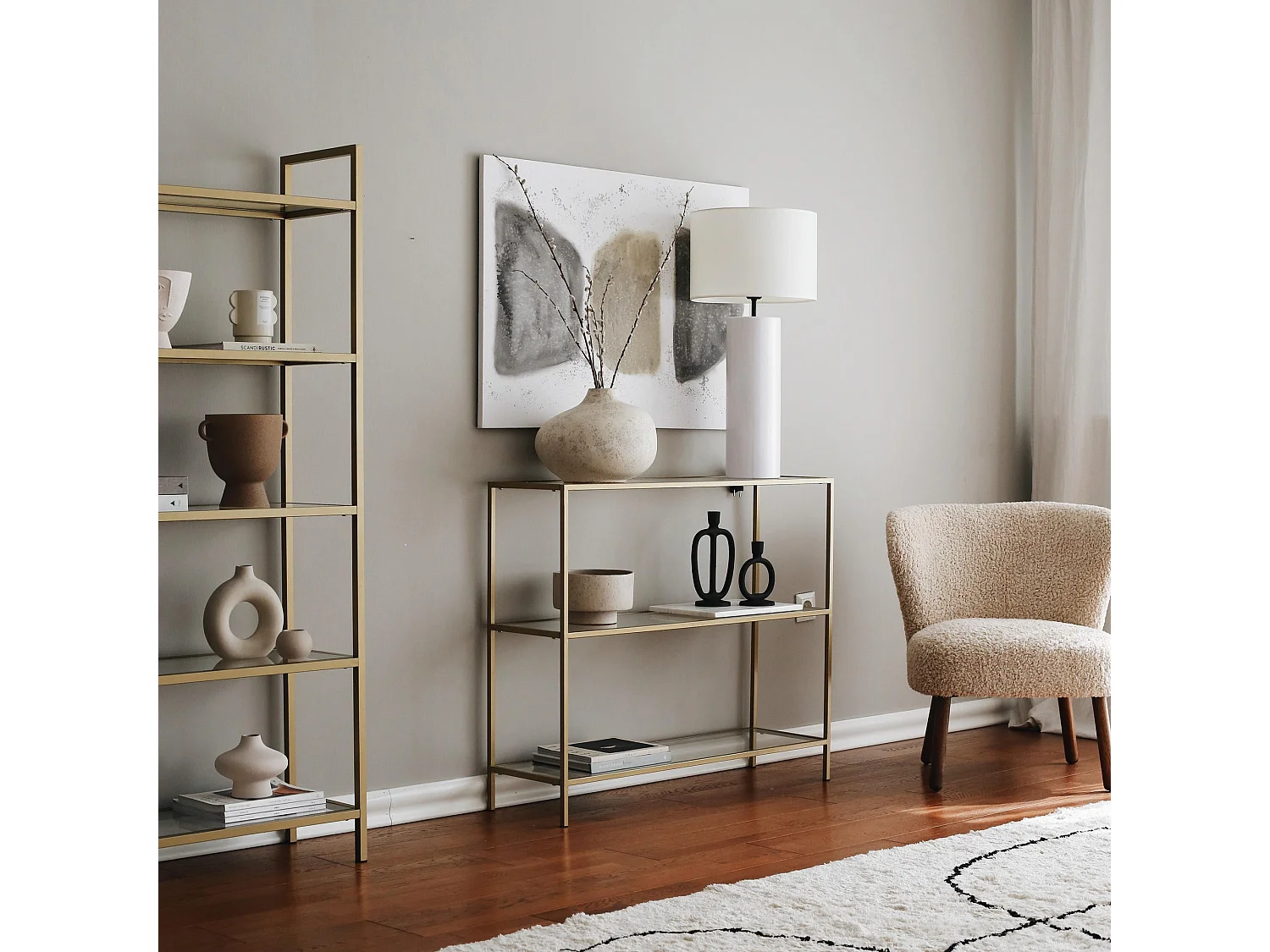 Table console 3 plateaux Vitrex 100cm Verre trempé Transparent et Métal Or