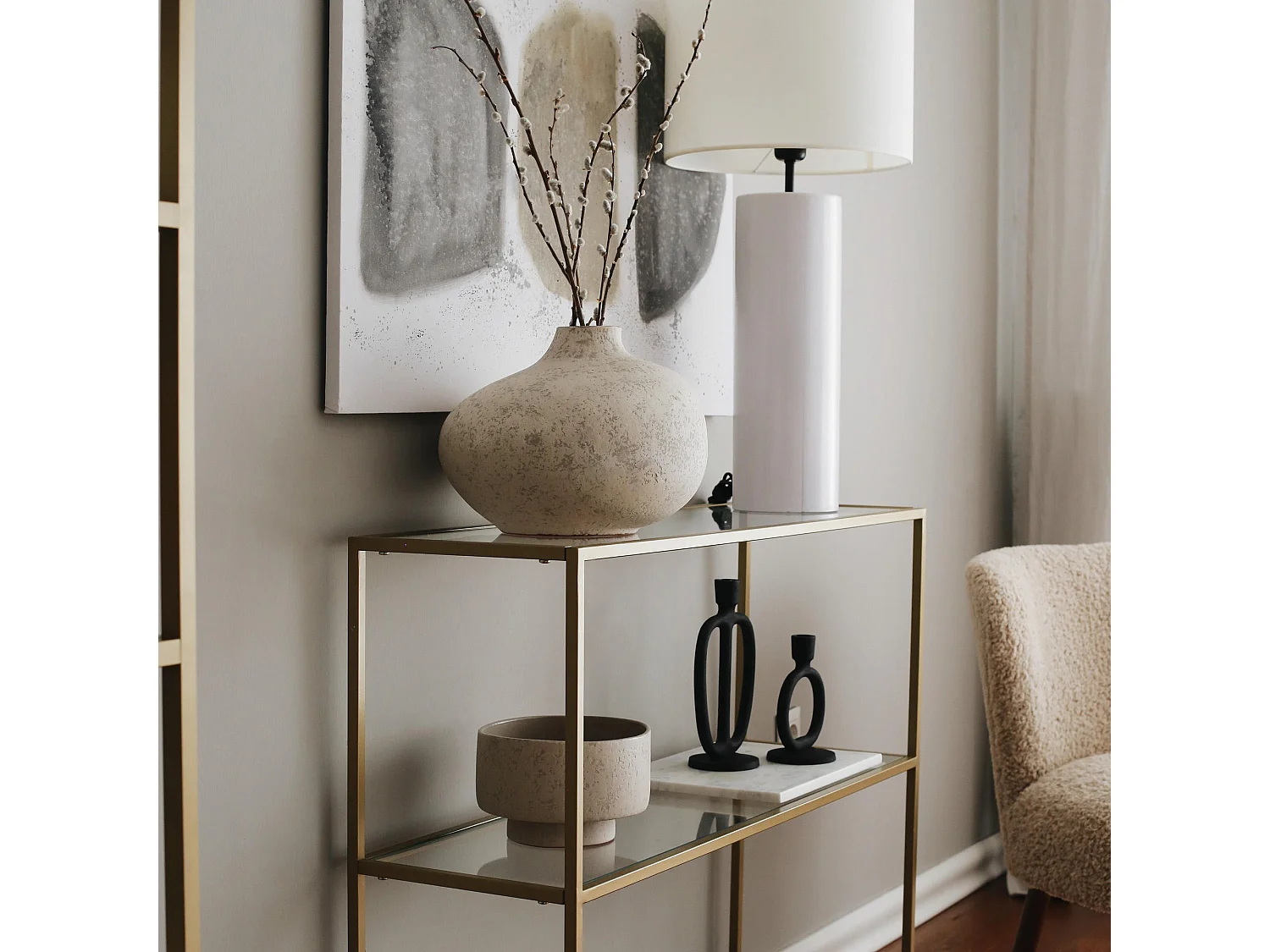 Table console 3 plateaux Vitrex 100cm Verre trempé Transparent et Métal Or