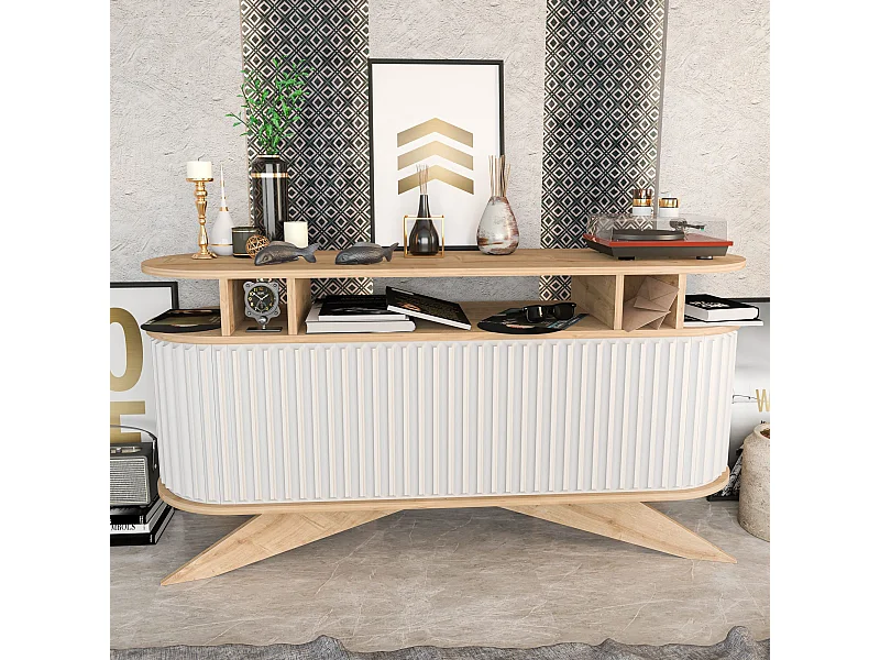 Console avec portes coulissantes Jayson L150xH75cm Chêne clair et Blanc