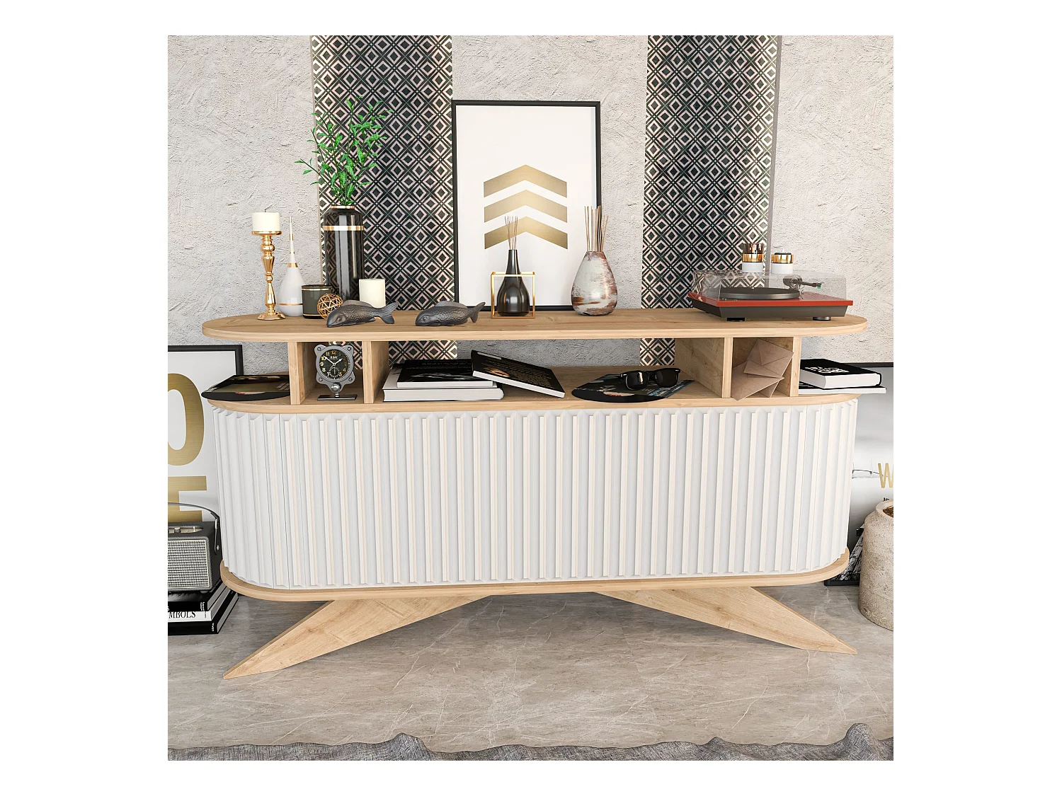 Console avec portes coulissantes Jayson L150xH75cm Chêne clair et Blanc