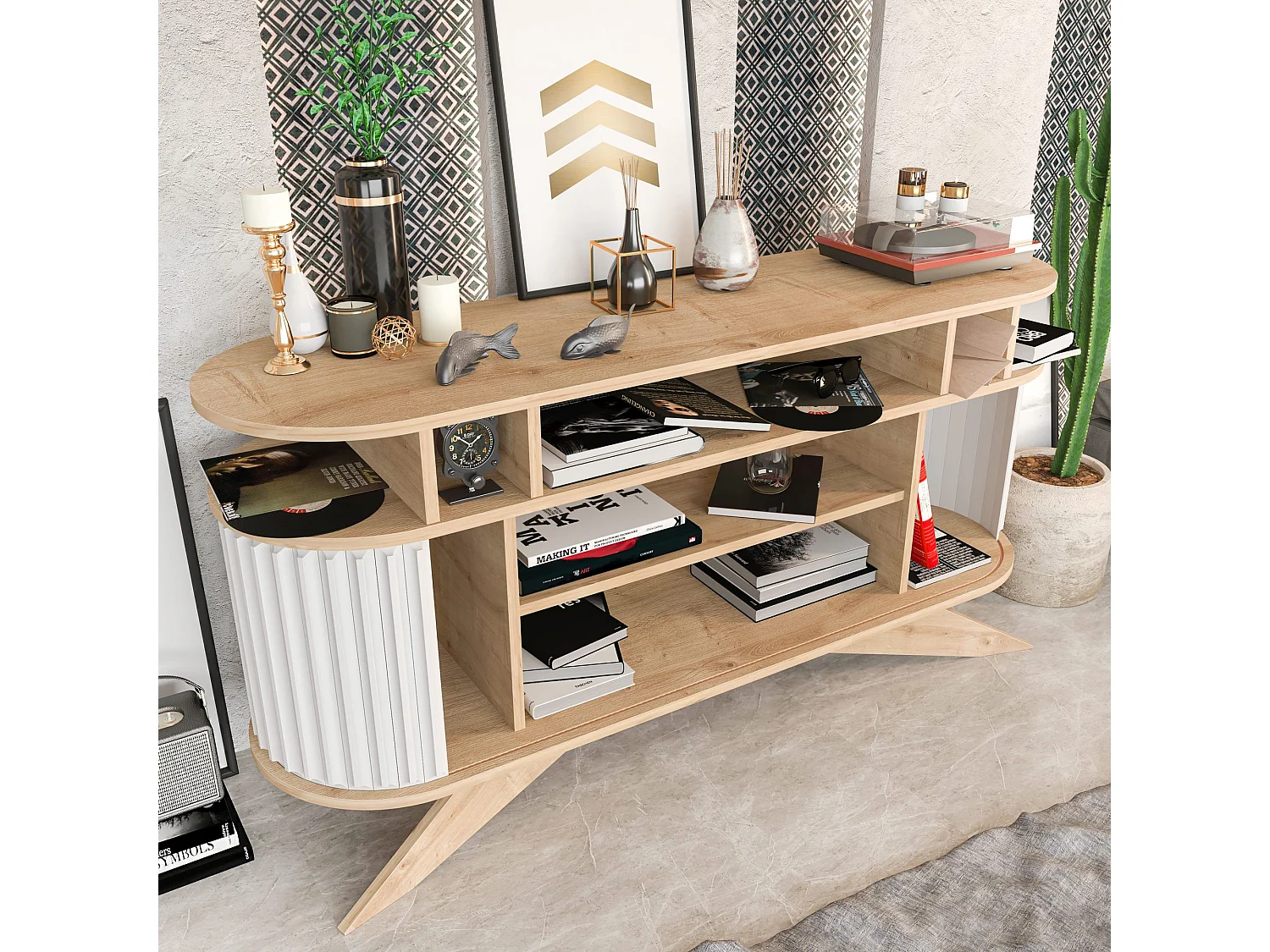 Modernes Sideboard, Eiche und Weiß, 150 x 43 x 75 cm | 100 % melaminbeschichtete Spanplatte, 18 mm stark | Stilvolle Aufbewahrungslösung für Zuhause u