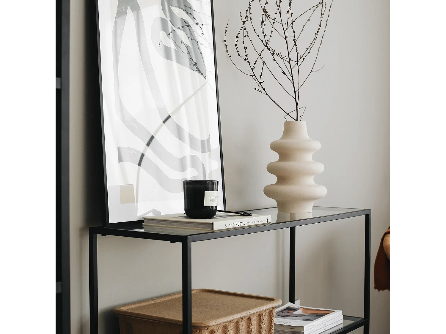 Table console 3 plateaux Vitrex 100cm Verre trempé Transparent et Métal Noir