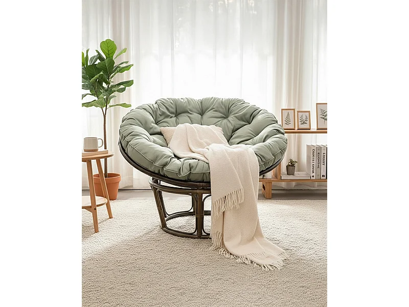 Papasan - Fauteuil en rotin rond avec coussin gris