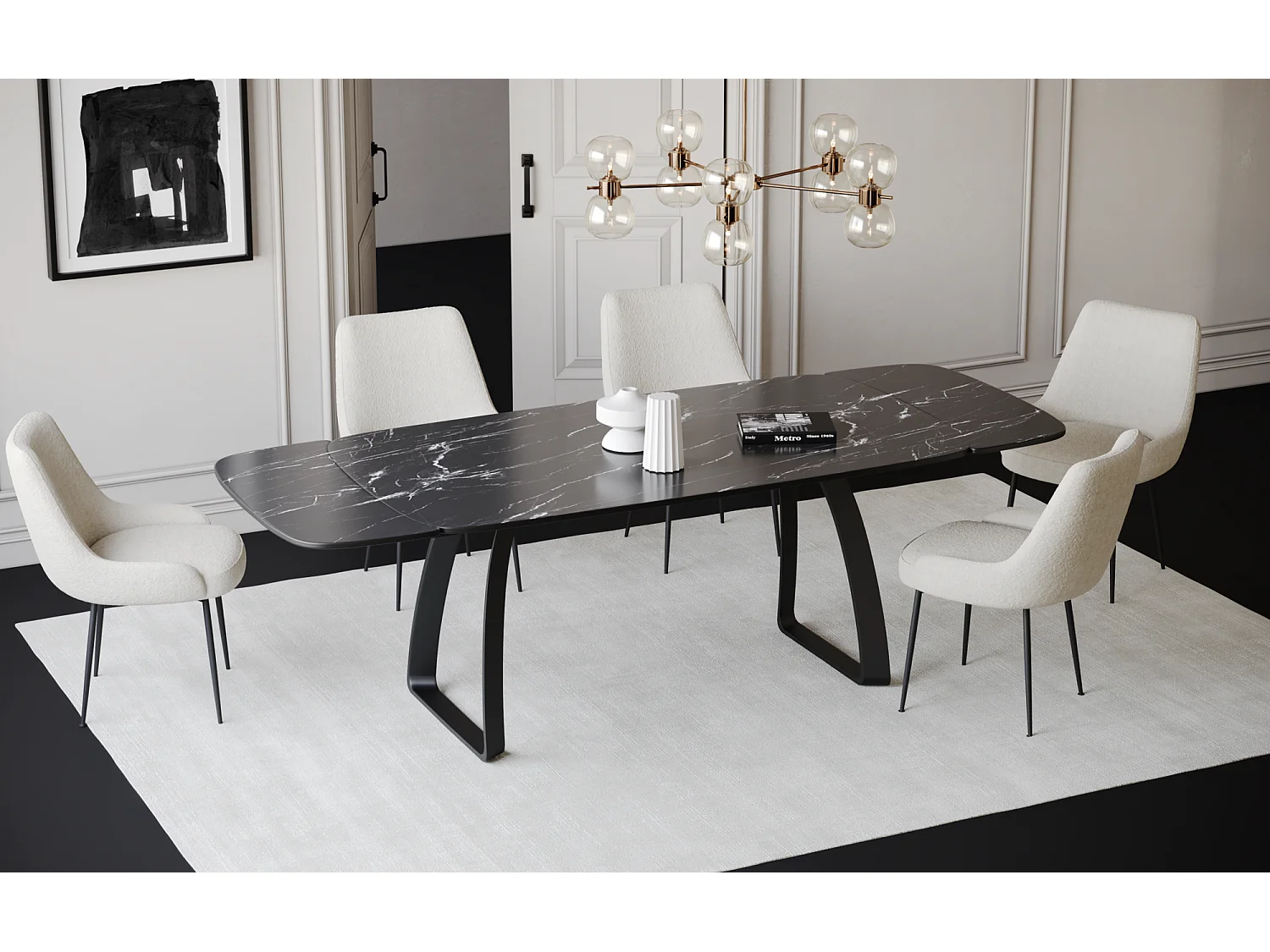 Table extensible céramique marbre noir verre trempé et pieds noirs Dahlia