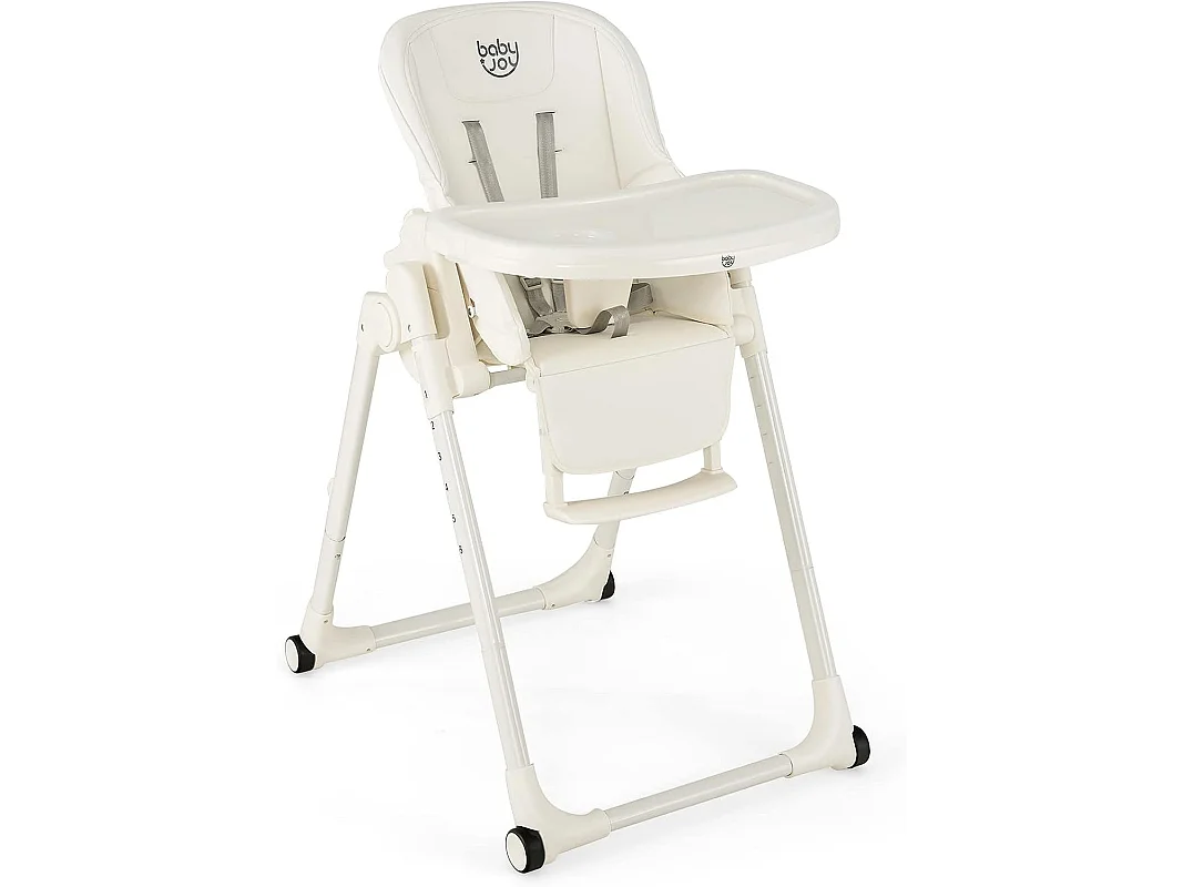 Chaise Haute Bébé Pliable 4 en 1 Plateau Double Amovible 6 Hauteurs Réglables Dossier 5 Positions et Coussin de Siège Beige