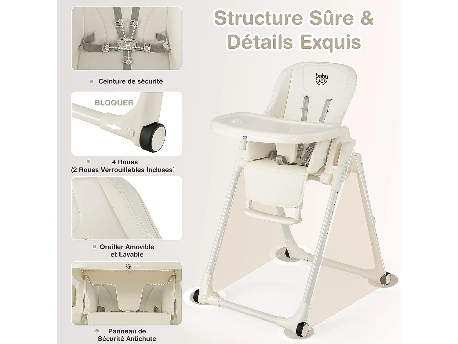 Chaise Haute Bébé Pliable 4 en 1 Plateau Double Amovible 6 Hauteurs Réglables Dossier 5 Positions et Coussin de Siège Beige