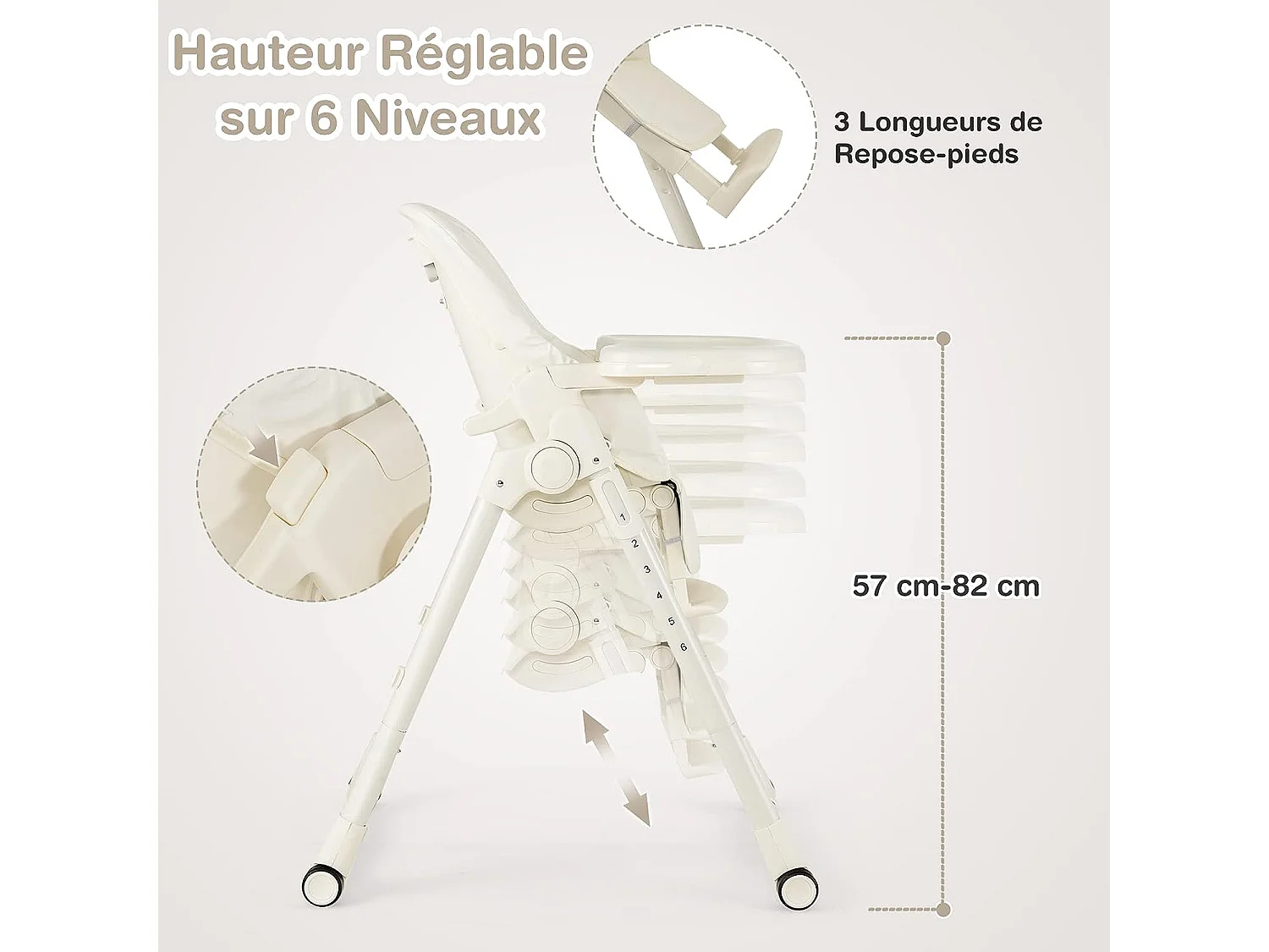 Chaise Haute Bébé Pliable 4 en 1 Plateau Double Amovible 6 Hauteurs Réglables Dossier 5 Positions et Coussin de Siège Beige
