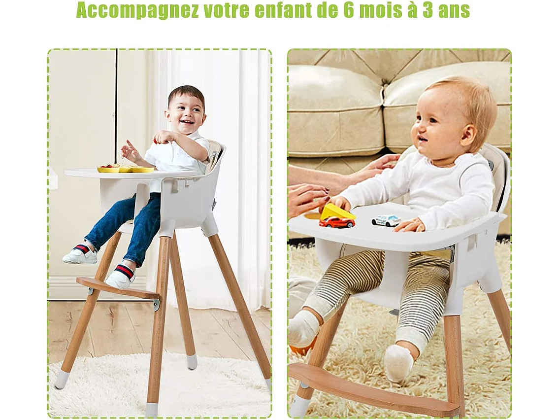 Chaise Haute Bébé Convertible2 en 1 Forme-A Stable HauteurRéglable avec Coussin Amovible,Repose-Pieds et Plateau pour Bébé 6 Mois-3Ans Charge 15KG