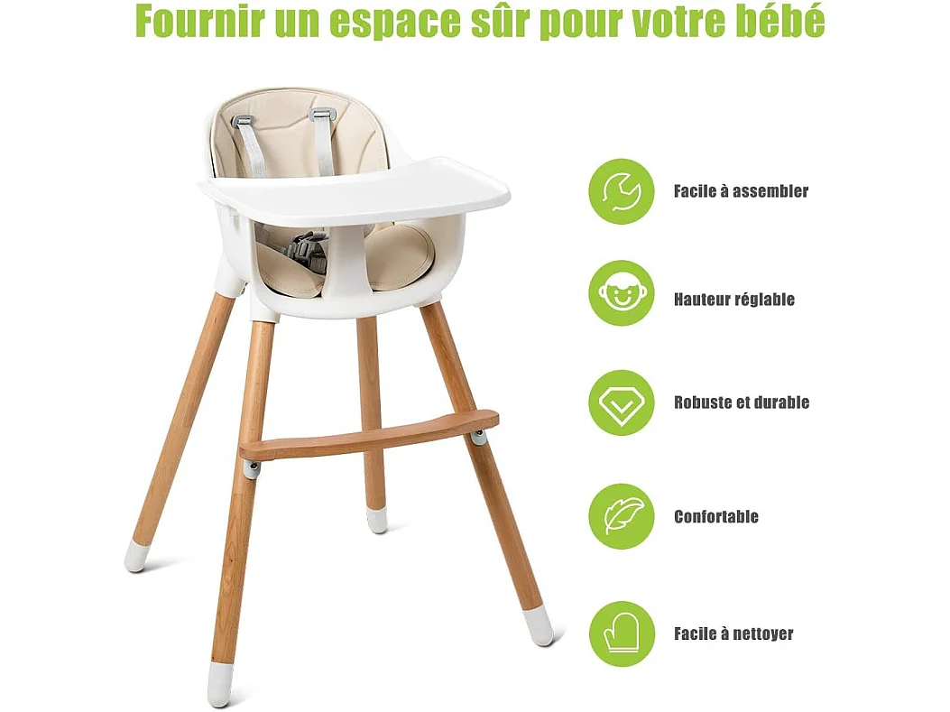 Chaise Haute Bébé Convertible2 en 1 Forme-A Stable HauteurRéglable avec Coussin Amovible,Repose-Pieds et Plateau pour Bébé 6 Mois-3Ans Charge 15KG