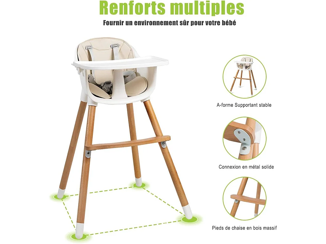 Chaise Haute Bébé Convertible2 en 1 Forme-A Stable HauteurRéglable avec Coussin Amovible,Repose-Pieds et Plateau pour Bébé 6 Mois-3Ans Charge 15KG