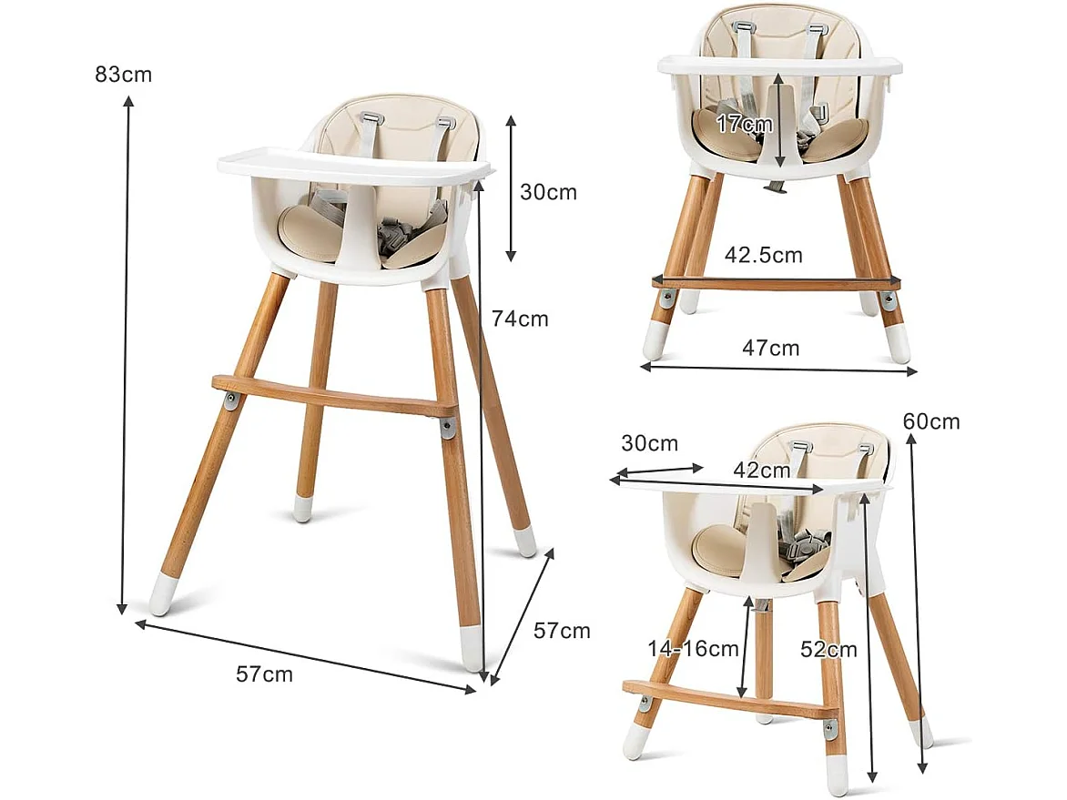 Chaise Haute Bébé Convertible2 en 1 Forme-A Stable HauteurRéglable avec Coussin Amovible,Repose-Pieds et Plateau pour Bébé 6 Mois-3Ans Charge 15KG