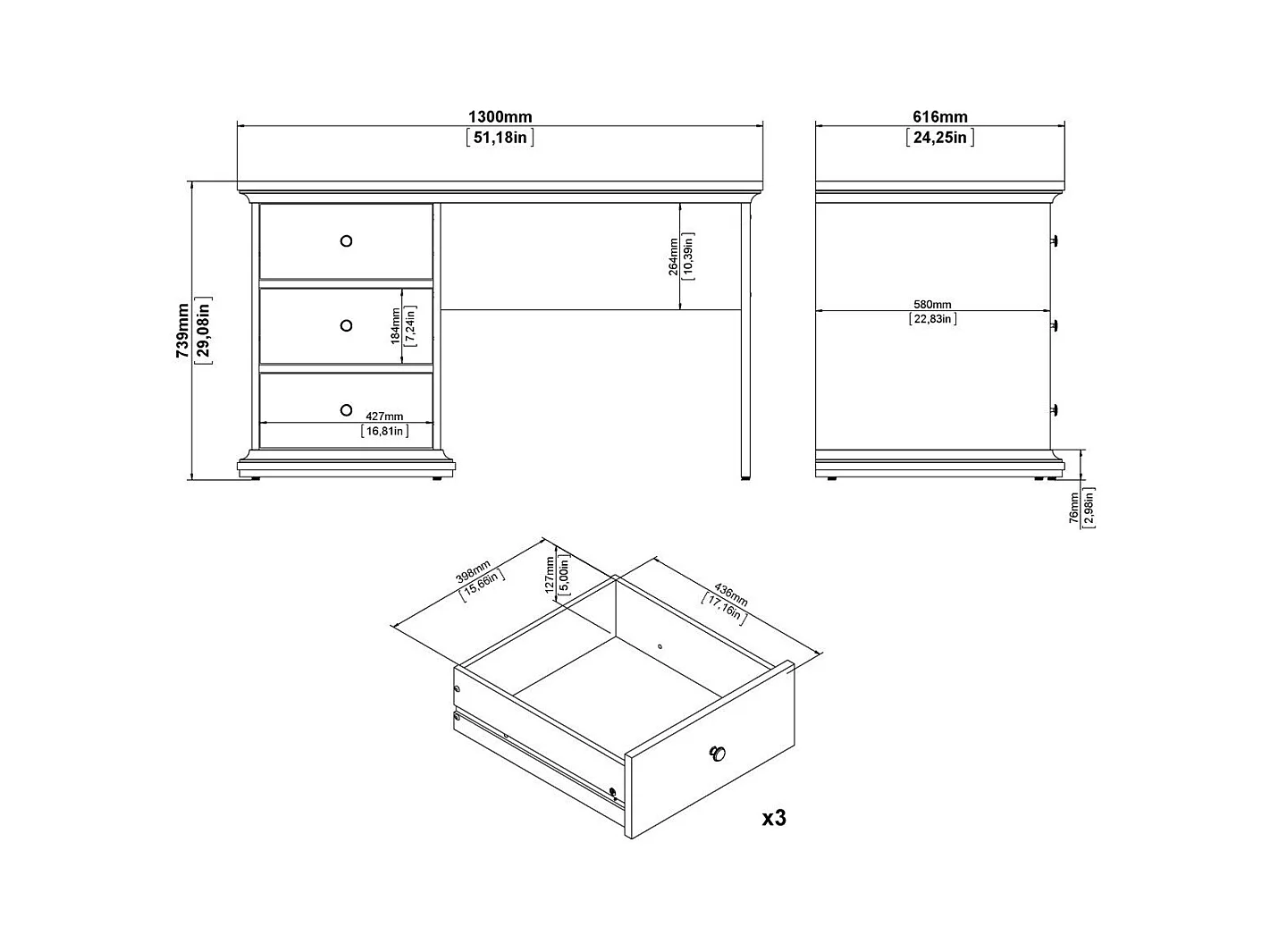 Schreibtisch mit 3 Schubladen weiß B130 cm – SOFIA
