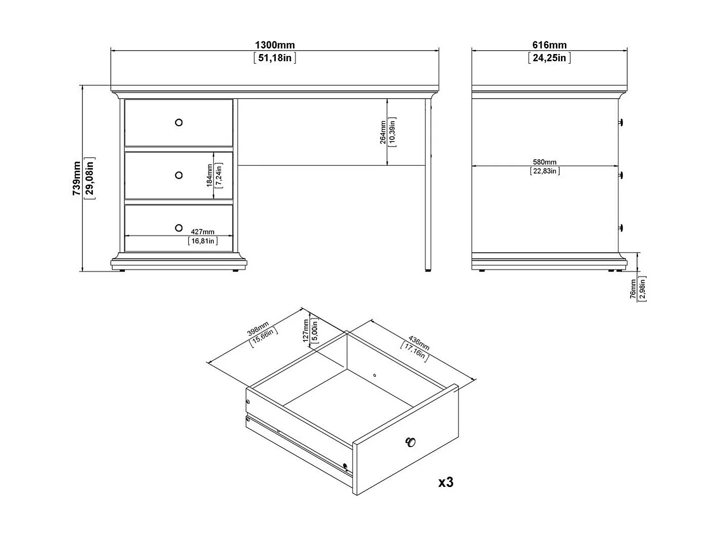 Bureau 3 tiroirs blanc L130 cm - SOFIA