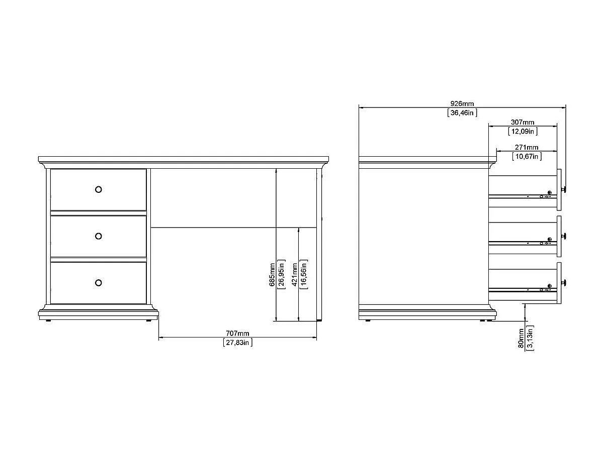 Bureau 3 tiroirs blanc L130 cm - SOFIA