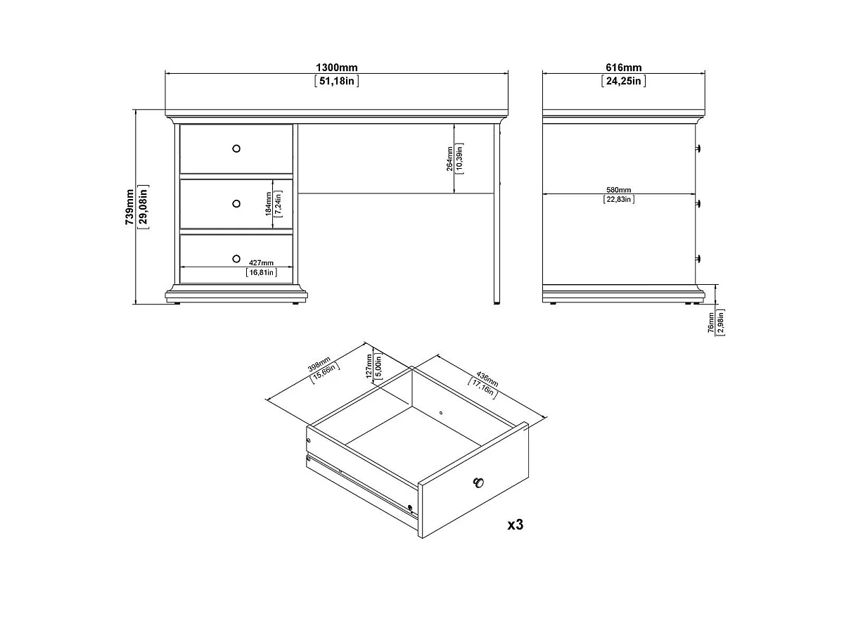 Bureau 3 tiroirs blanc L130 cm - SOFIA