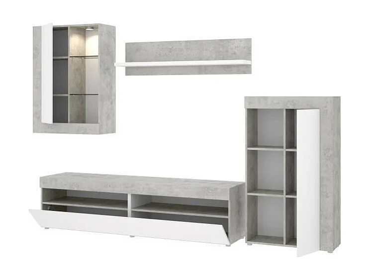 TV-Möbel-Set Weiß und Beton mit Aufbewahrung und Vitrine - TOKIO Wohnzimmer