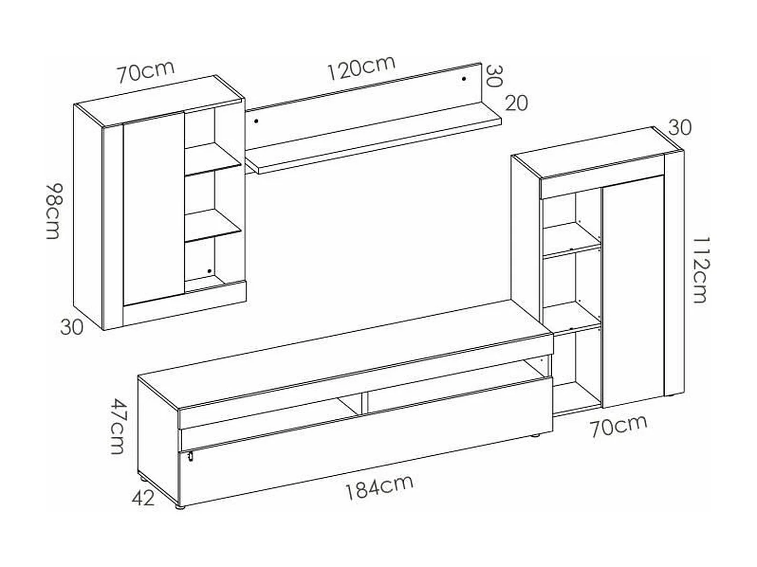 TV-Möbel-Set Weiß und Beton mit Aufbewahrung und Vitrine - TOKIO Wohnzimmer