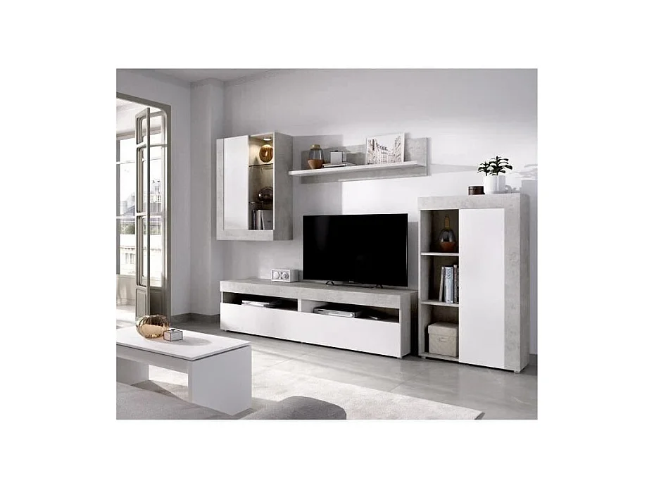 Conjunto de Mueble de TV Blanco y Hormigón con Almacenamiento y Vitrina - TOKIO Sala de Estar