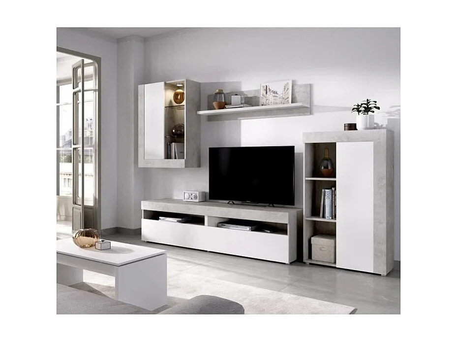 TV-Möbel-Set Weiß und Beton mit Aufbewahrung und Vitrine - TOKIO Wohnzimmer