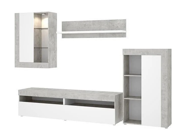 TV-Möbel-Set Weiß und Beton mit Aufbewahrung und Vitrine - TOKIO Wohnzimmer