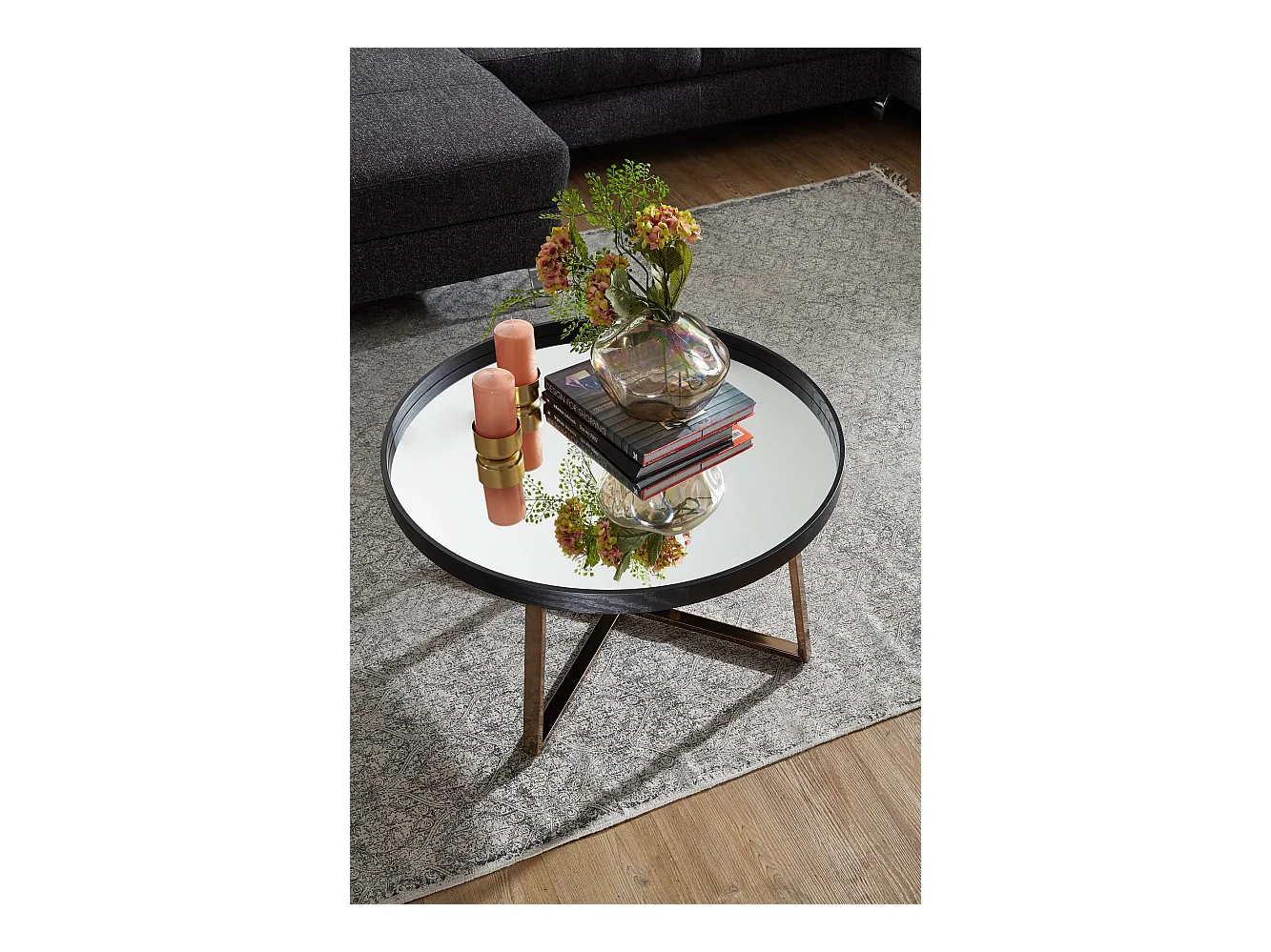 Couchtisch Rund Gold Wohnzimmertisch Spiegel Glas Beistelltisch Schwarz