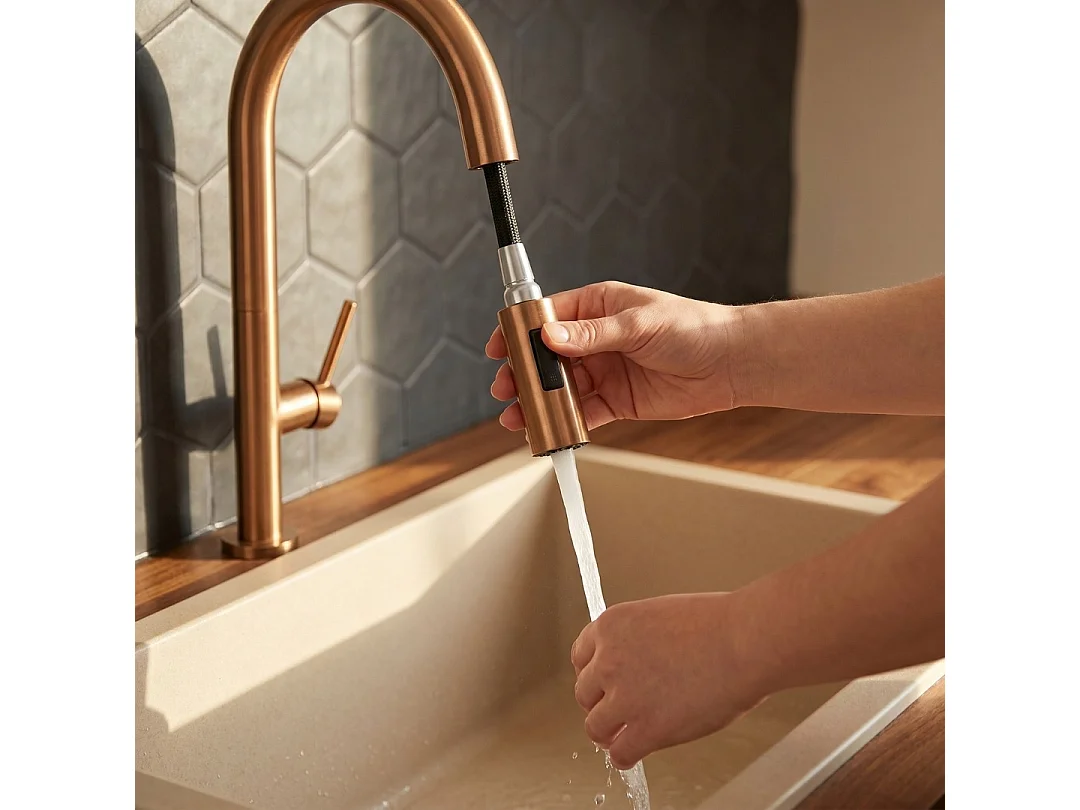 Portofino Mezclador de lavabo con teleducha extraíble en cobre cepillado Essebagno