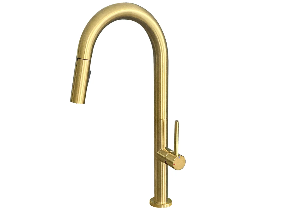 Portofino Mezclador de lavabo con teleducha extraíble en oro cepillado Essebagno