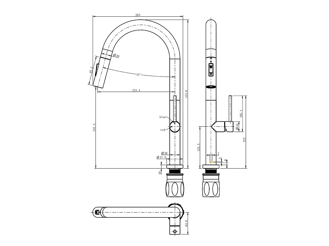 Portofino Mezclador de lavabo con teleducha extraíble en oro cepillado Essebagno