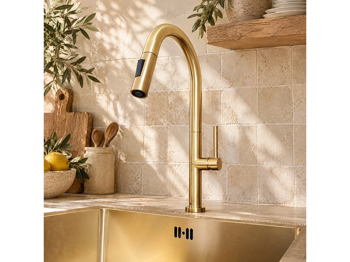 Portofino wastafelmengkraan met uittrekbare handdouche in geborsteld gouden - Essebagno