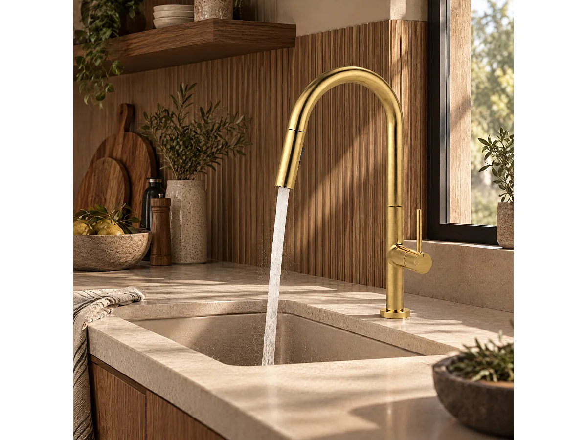 Portofino wastafelmengkraan met uittrekbare handdouche in geborsteld gouden - Essebagno