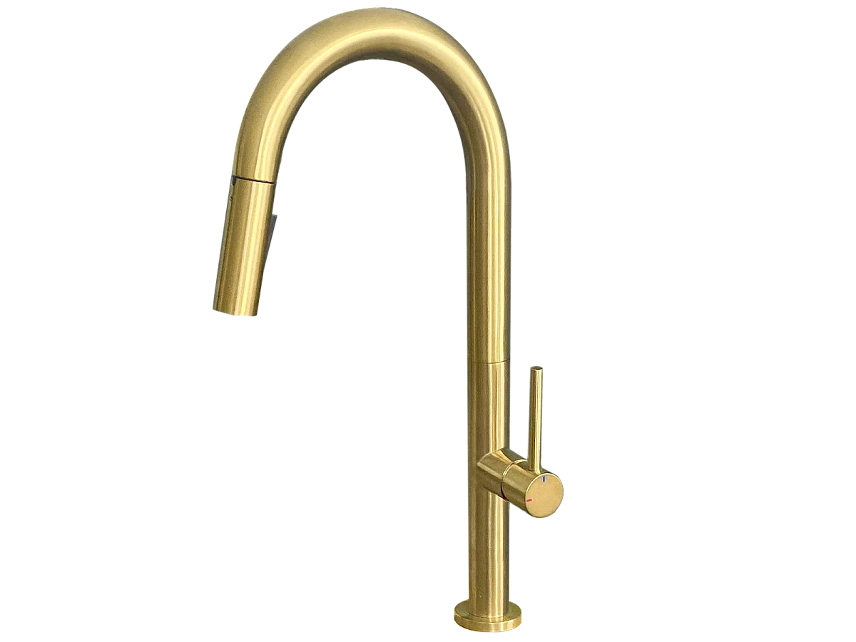 Portofino Mezclador de lavabo con teleducha extraíble en oro cepillado Essebagno