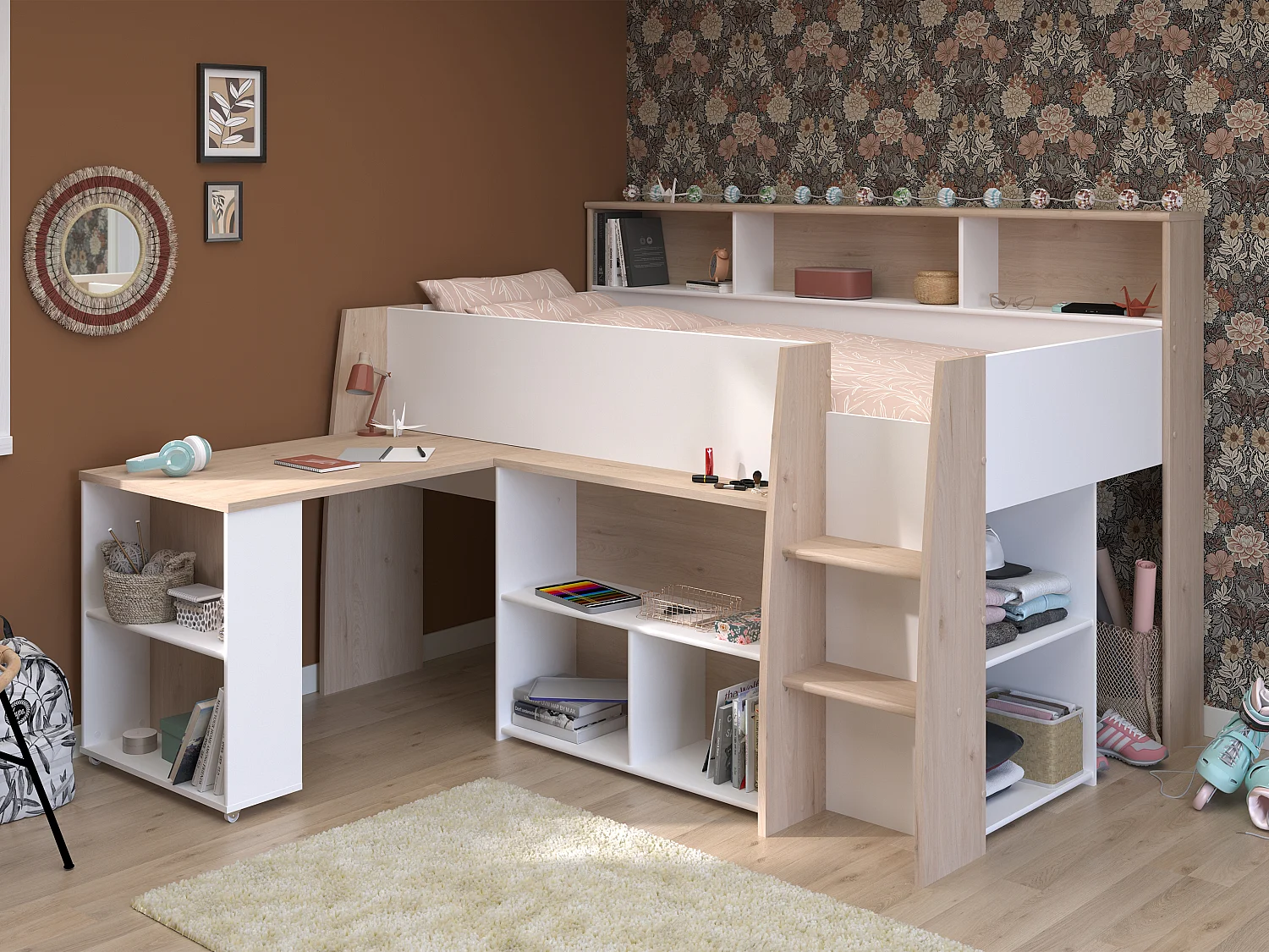 Lit combiné 90 x 200 cm avec bureau et rangements - Blanc et naturel - APOLINO