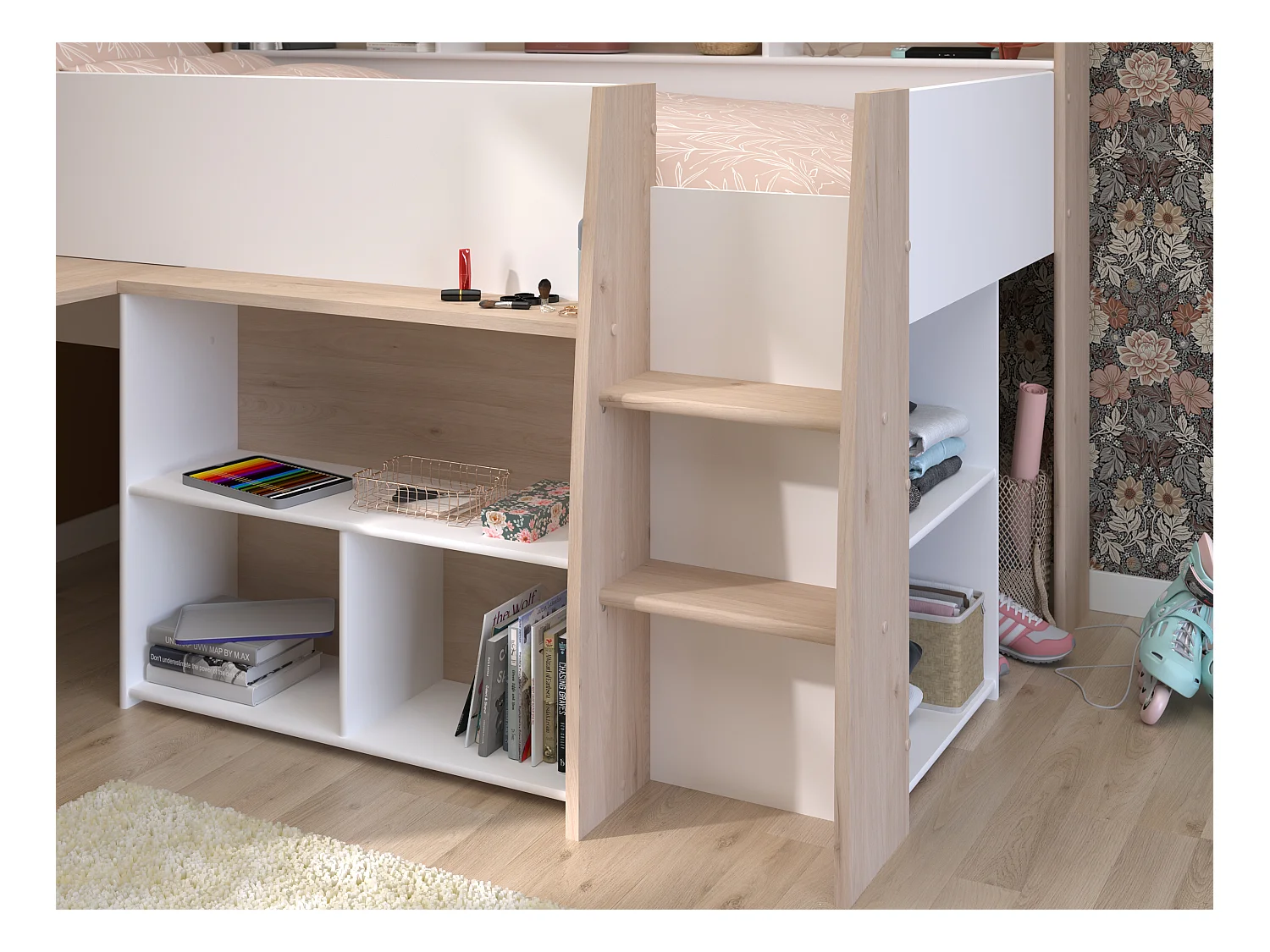 Lit combiné 90 x 200 cm avec bureau et rangements - Blanc et naturel - APOLINO