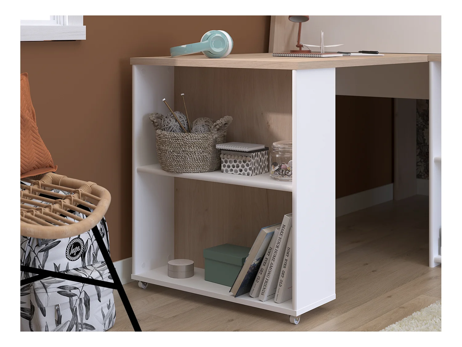 Lit combiné 90 x 200 cm avec bureau et rangements - Blanc et naturel - APOLINO