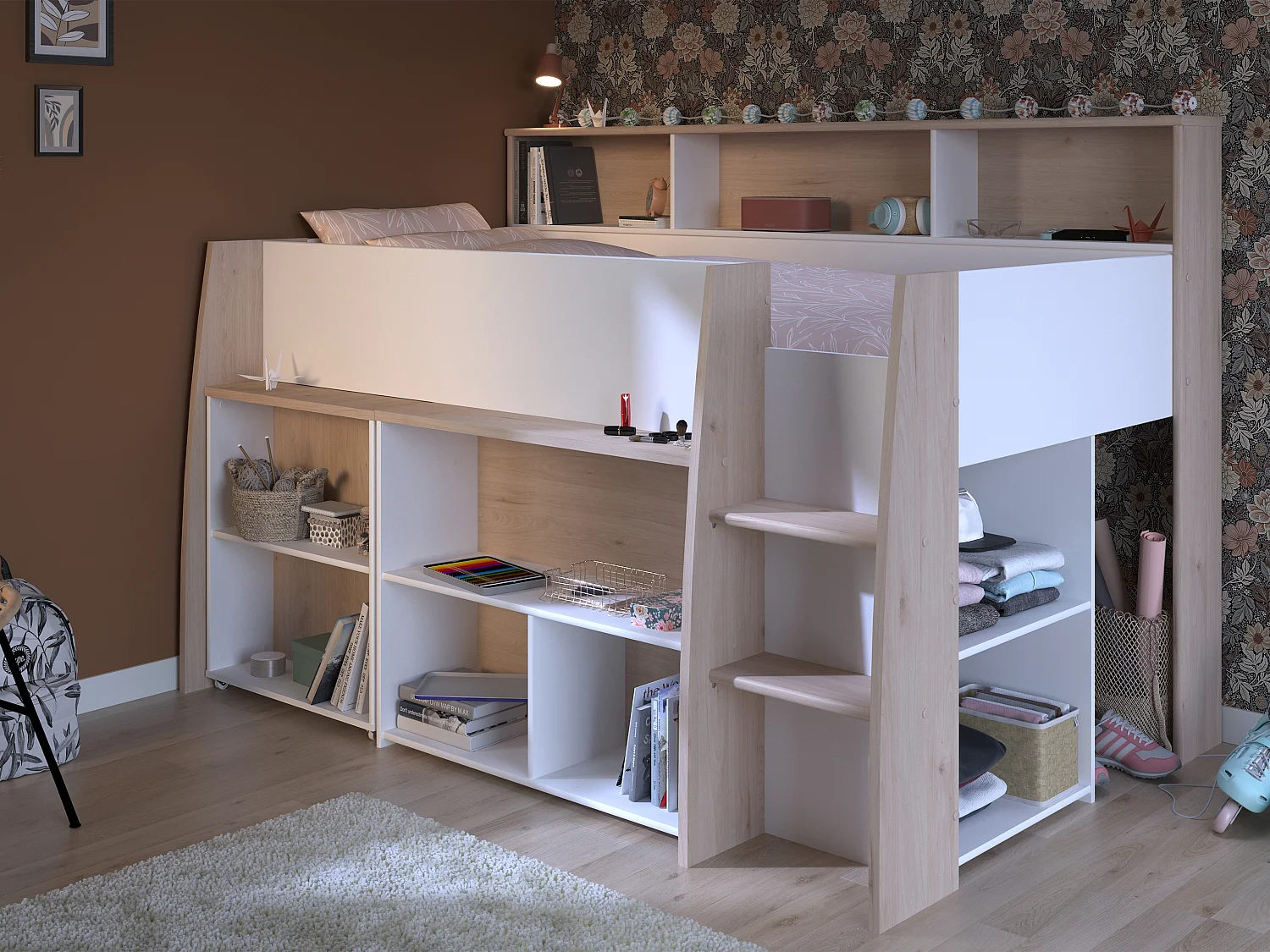 Lit combiné 90 x 200 cm avec bureau et rangements - Blanc et naturel - APOLINO