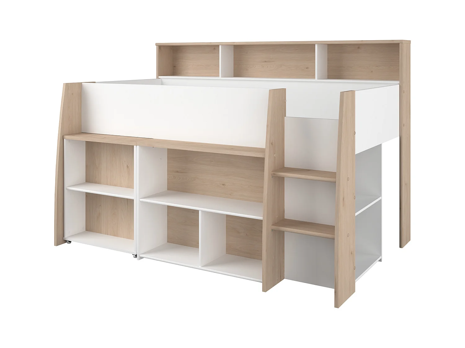 Lit combiné 90 x 200 cm avec bureau et rangements - Blanc et naturel - APOLINO