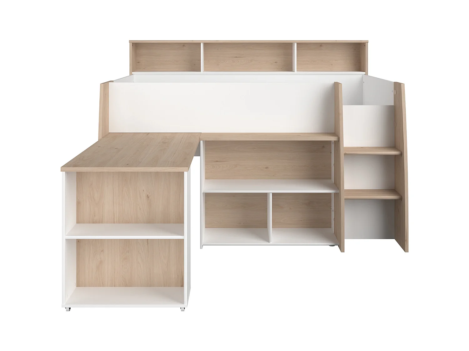 Lit combiné 90 x 200 cm avec bureau et rangements - Blanc et naturel - APOLINO