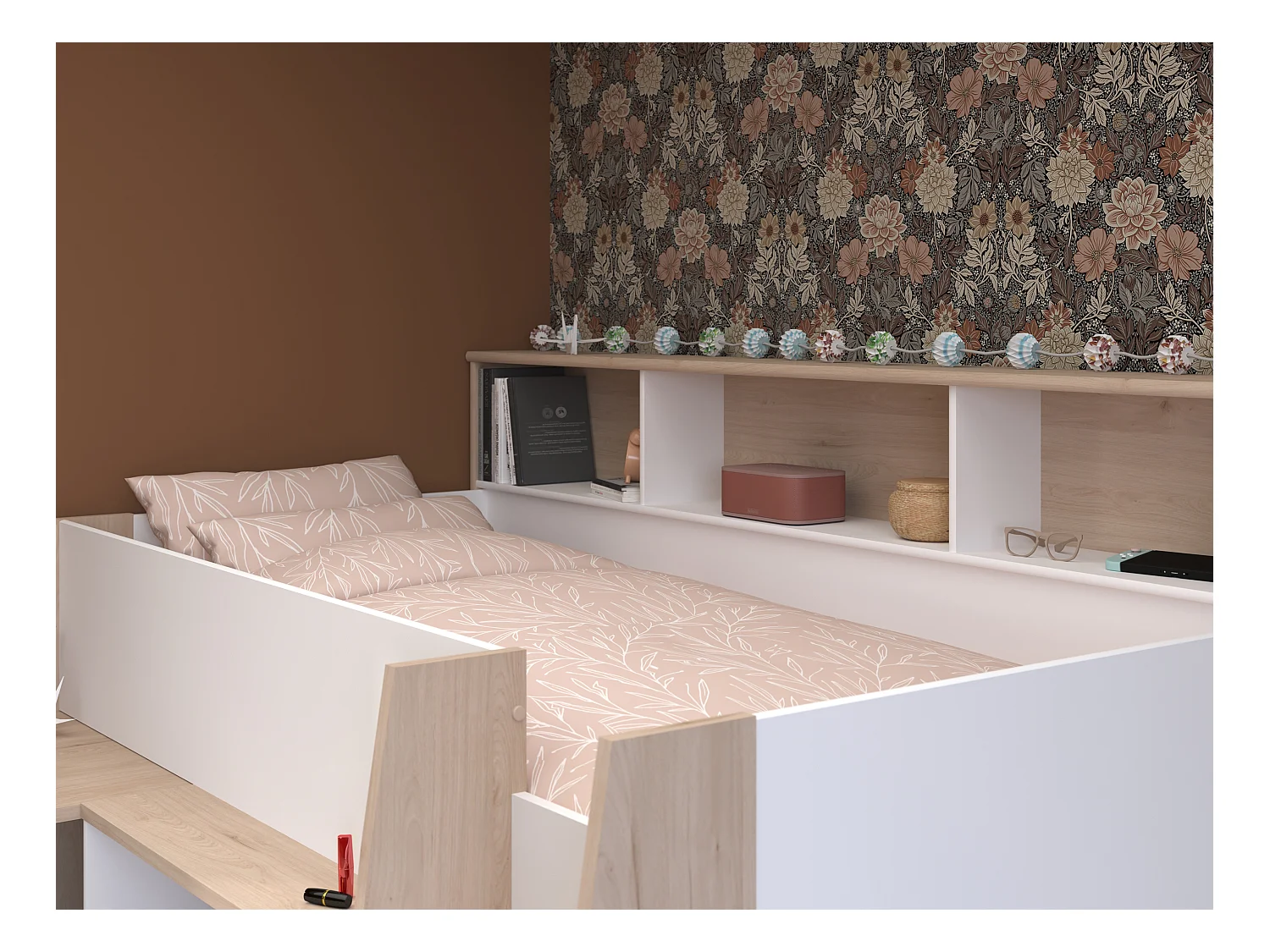 Lit combiné 90 x 200 cm avec bureau et rangements - Blanc et naturel - APOLINO